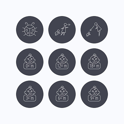 婴儿，瓢虫和蹒跚学步的婴儿图标。图片下载