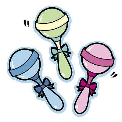 说明婴儿摇铃在蓝色、绿色、粉红色和黄色图片下载