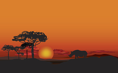 有动物剪影的非洲景观。草原日落背景。图片下载