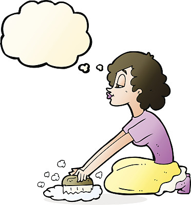 卡通女人在用肥皂泡擦地板图片下载