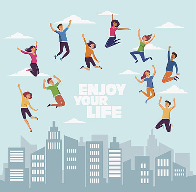 一群年轻人，微笑着跳过城市背景图片下载