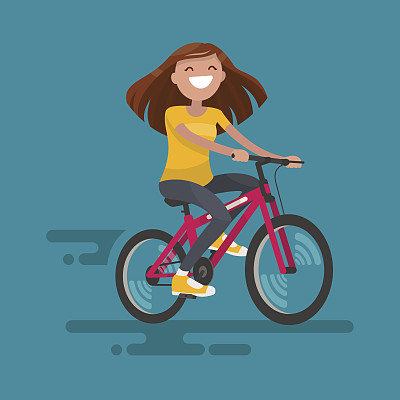 快乐的女孩骑着自行车。矢量图图片下载