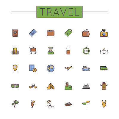 矢量彩色旅行线图标图片下载