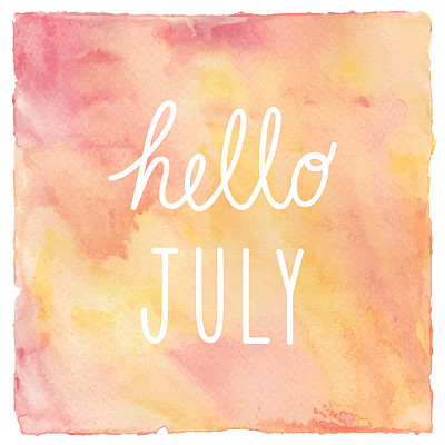 你好七月文字上的红色和黄色水彩背景图片下载