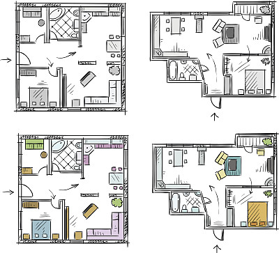 带家具的公寓平面图，矢量草图图片下载