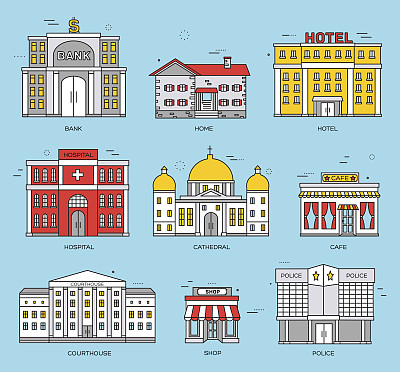 细线彩色向量城市建筑设置图片下载