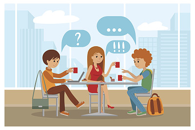 朋友在咖啡馆-矢量插图与城市景观。图片下载