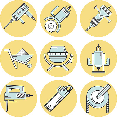 建筑设备的平面线彩色矢量图标图片下载