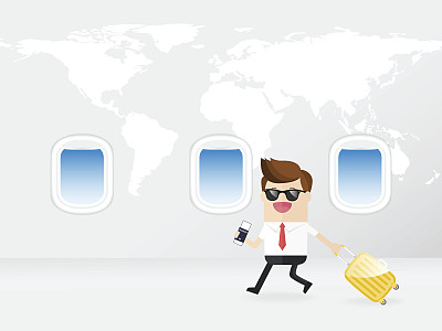 商人手持机票行走在飞机舷窗的背景上图片下载