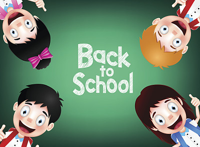 四个穿着书包的快乐可爱的学生角色图片下载