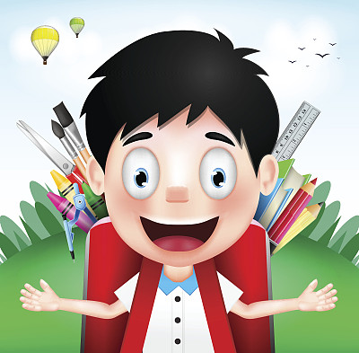 微笑的男孩学生角色穿着红色的背包图片下载