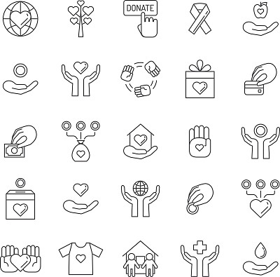 捐赠和慈善大纲图标集。简单的轮廓设计。图片下载
