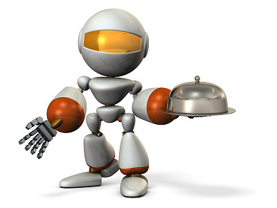 服务机器人。手里拿着钟形饰物。图片下载