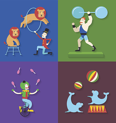 马戏团表演与动物小丑演员运动员，矢量插图图片下载