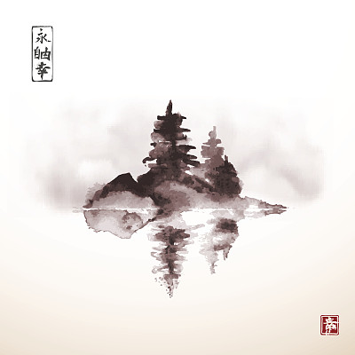 岛上有三棵雾中的松树图片下载