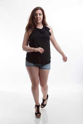 夏季时尚模特在短裤和坡跟迈向相机图片下载