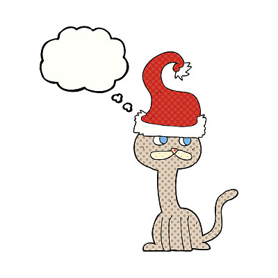 思想泡泡卡通猫戴着圣诞帽图片下载