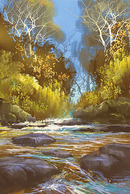 森林小溪、瀑布山水画素材图片