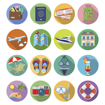 度假和旅游平面图标设置图片下载