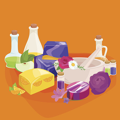 自制肥皂、鲜花和精油。矢量图标设置图片下载