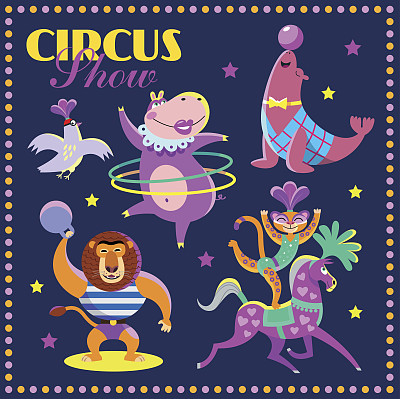 矢量组可爱的马戏团动物。第1部分。图片下载