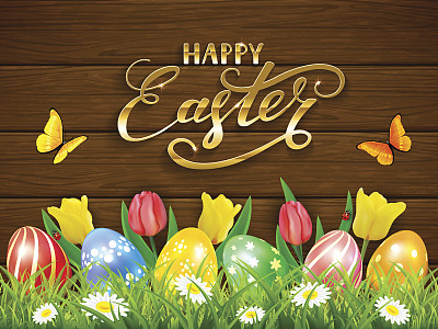 复活节彩蛋和郁金香在棕色的木制背景上图片下载