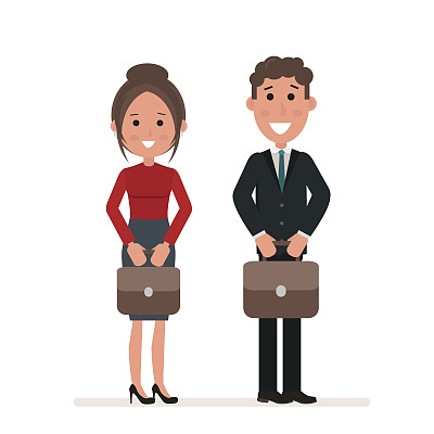 商人和女商人或经理们手里拿着行李箱站在那里。办公室工作人员。在白色背景上孤立的扁平字符。向量,EPS10插图。图片下载