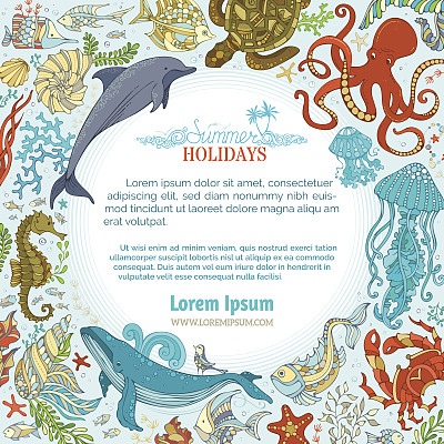 夏季卡通海洋生活圈画框。图片下载