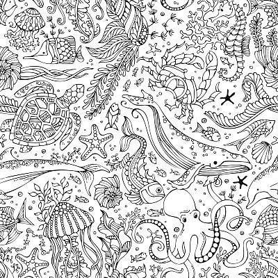 矢量无缝模式的水下野生动植物。素材图片