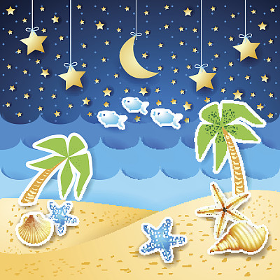 夏天的风景是棕榈树和贝壳，晚上图片下载