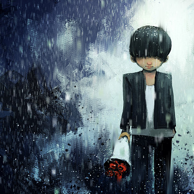 数码画的悲伤男孩与花束在雨天图片下载