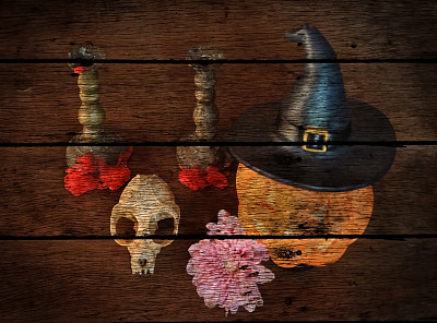 万圣节概念油漆在旧面板木制背景图片下载