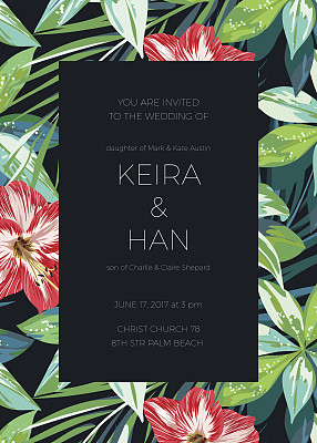 婚礼邀请或卡片设计与异国情调的热带花卉和图片下载