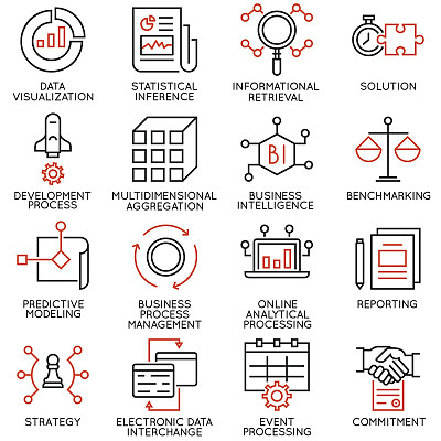 与商业智能、分析处理和统计推断相关的16个图标矢量图图片下载