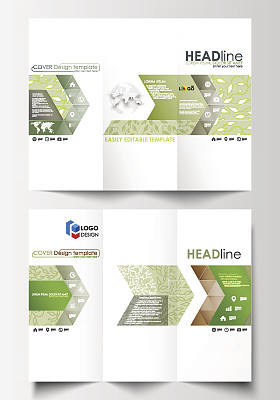 三折宣传册商业模板，双面。易于编辑的抽象矢量平面设计布局。绿色背景与树叶。线性风格的水疗概念图片下载