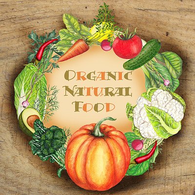 在木材背景上手绘蔬菜图片下载