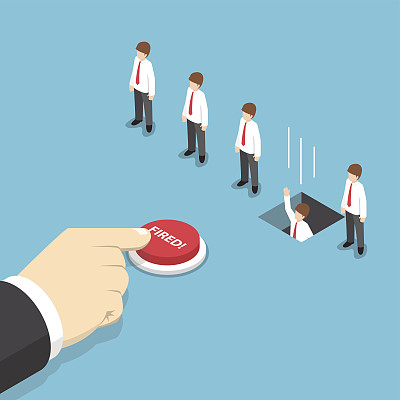 等距商人手按解雇按钮解雇他的员工图片下载