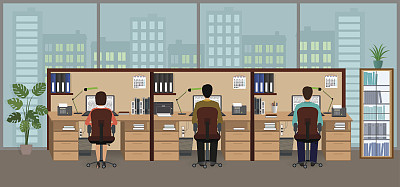 商业办公室内部有大窗户和一群厨师忙着工作。工作场所的概念。素材图片