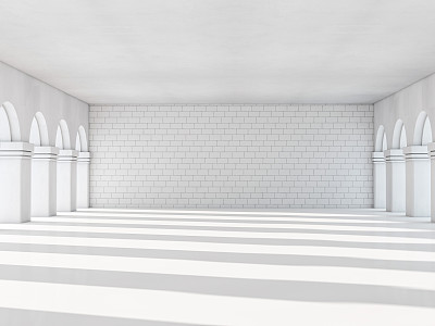 经典的带有柱子的古代室内设计。3D渲染图片下载