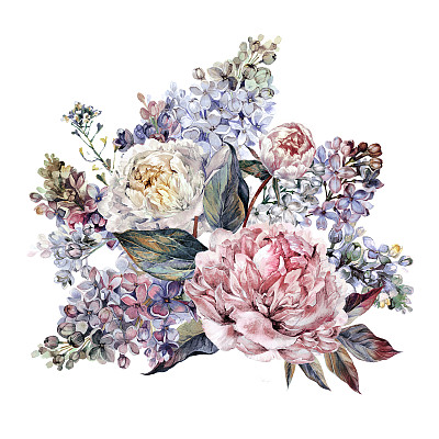 水彩牡丹和丁香花束图片下载