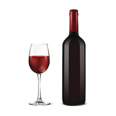白色背景上的红酒酒瓶和酒杯图片下载