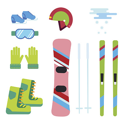 冬季运动矢量图标设置滑雪滑雪板衣服工具元素头盔手套靴子元素项目插图孤立的设备极端的生活方式图片下载