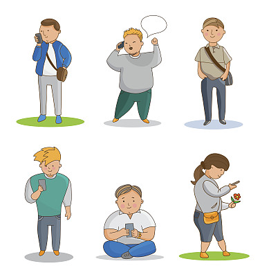 一组年轻男性和女性的智能手机。图片下载