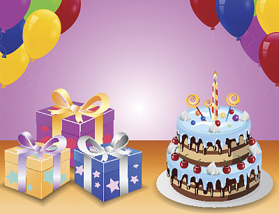 生日蛋糕与彩色气球和惊喜盒图片下载