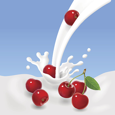 红樱桃掉进牛奶或酸奶中。矢量图图片下载