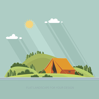 夏天的风景。清晨的山景。矢量平面插图图片下载