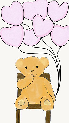 手绘涂鸦棕熊娃娃坐在木椅上图片下载