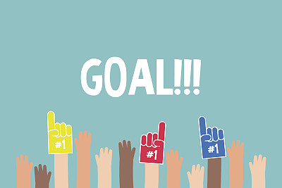 体育场的人群。举着泡沫手指的手。足球球迷/平面可编辑矢量插图，剪辑艺术图片下载