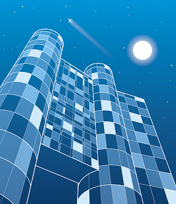 商业建筑、立交桥、夜城、飞机飞行、矢量设计艺术图片下载