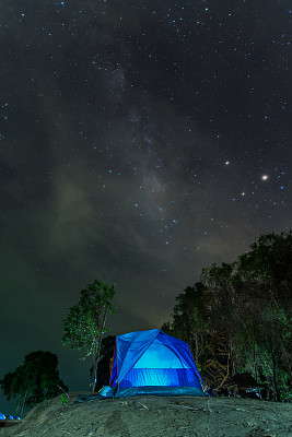 银河在夜空下的露营帐篷图片下载